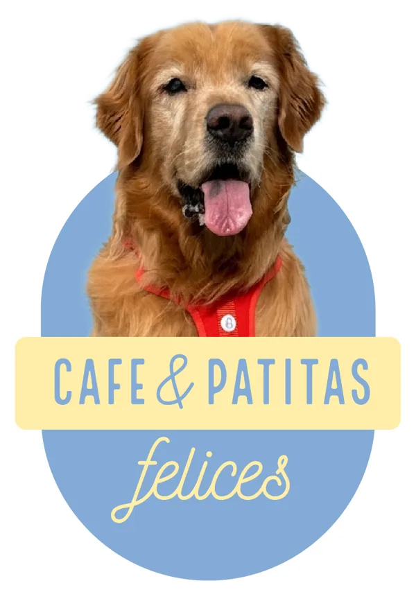 Golden retriever con el rótulo Café y patitas felices